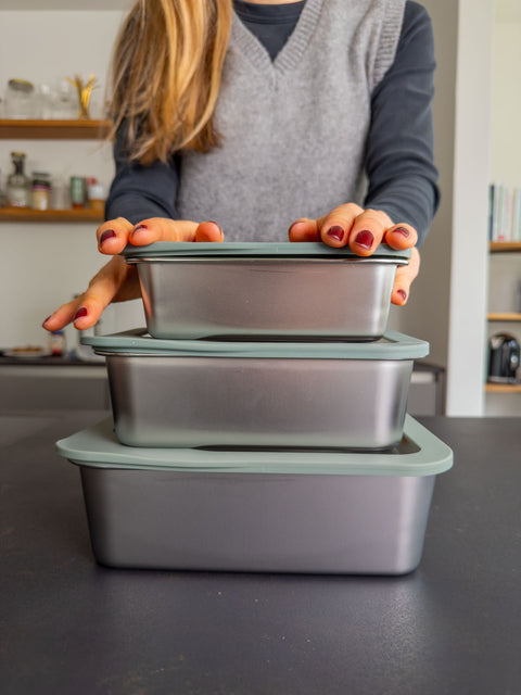 3er Meal Prep Boxen-Set aus Edelstahl mit Glasdeckel